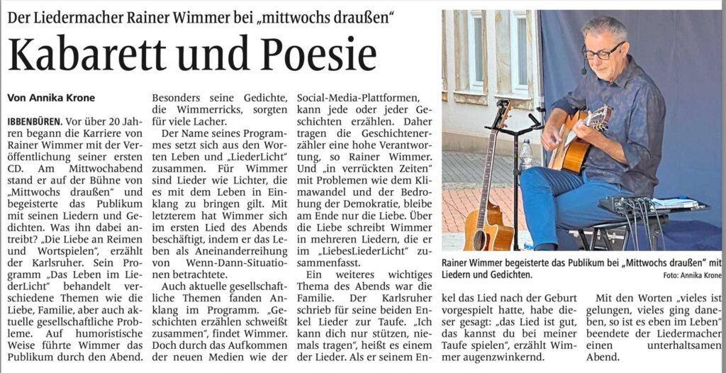 Der Liedermacher Rainer Wimmer bei Mittwochs draußen, Ibbenbüren,
Kabarett und Poesie